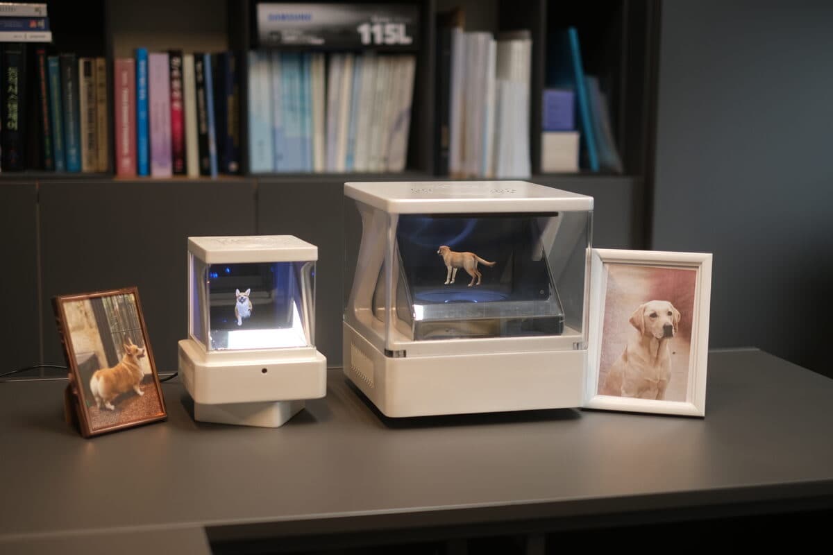 Two SoulCube versions showing pet holograms next to photo frames